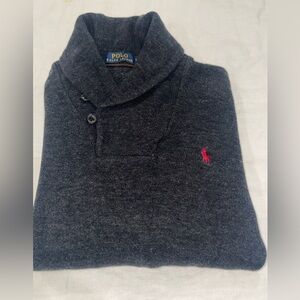 Ralph Lauren Pony Shawl Collar Ribbed Pullover Suede Elbow Patch Sweater L Gray